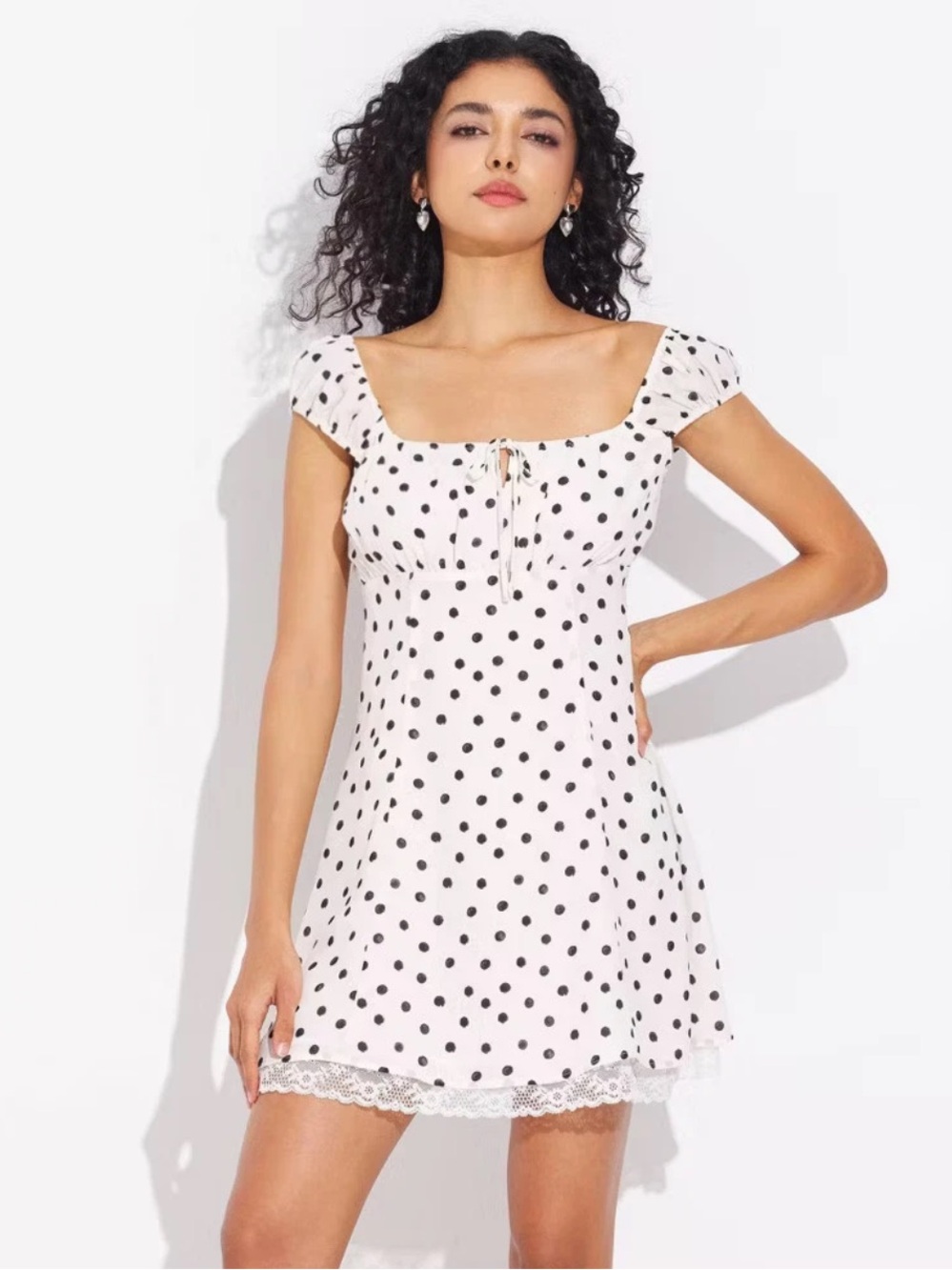Women Puff Mini Cap Sleeve Mini Dress - Wild Fable Cream Polka